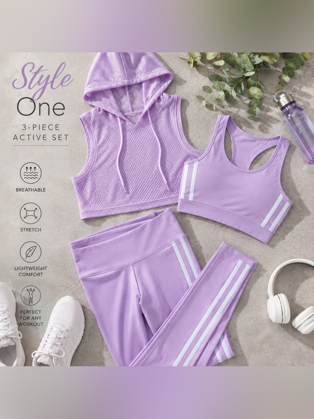 Style One 3-Piece Activewear Set L/XL NIB Lavender Mesh Hoodie Leggings Bra